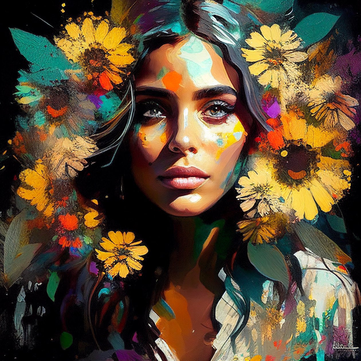 Natural Beauty, Mexican Girl Surrounded by Sunflowers by F. Abderrahim