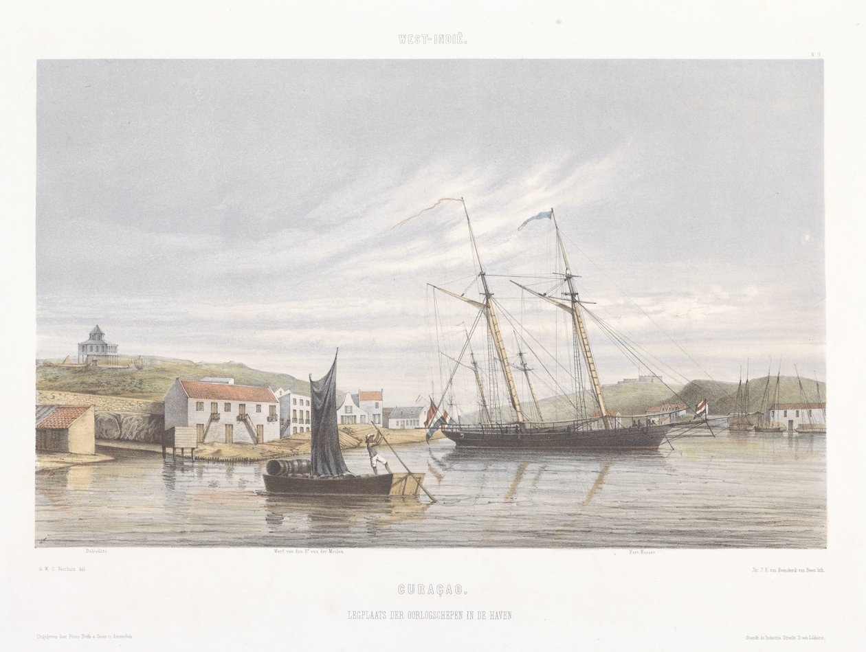 Warship Anchorage in the Harbor of Curaçao by jonkheer Jacob Eduard van Heemskerck