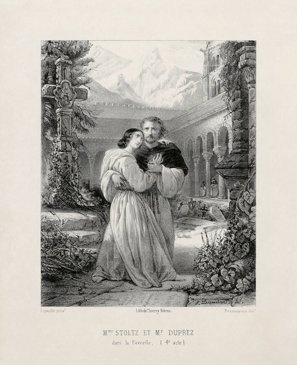 Gilbert Duprez (1806-1896) as Fernando and Rosine Stoltz (1815-1903) as Leonor de Guzmán in Act IV of Gaetano Donizetti