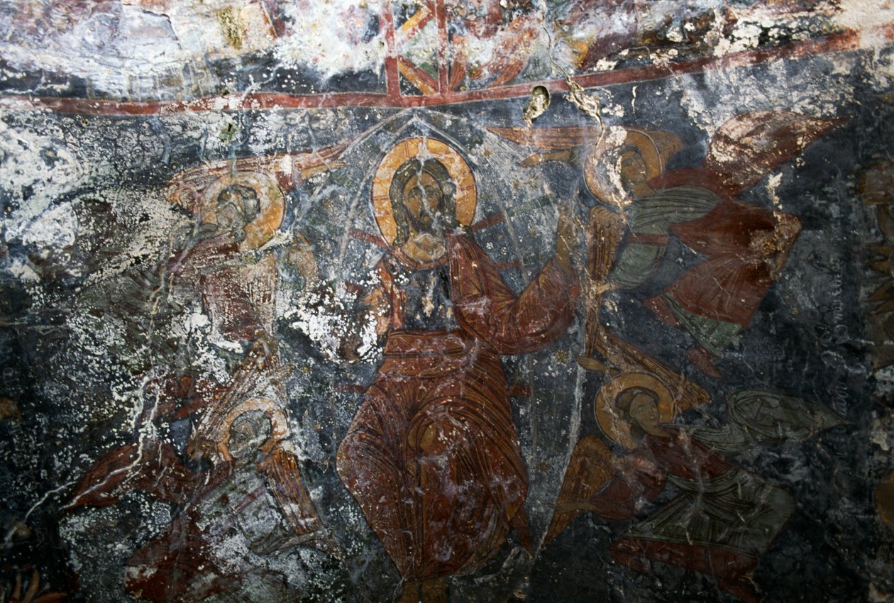 Christ with Angels and saint, fresco in church of Panagia, Kitiros, Crete, Greece by Theodore Charles Ange Coquelin