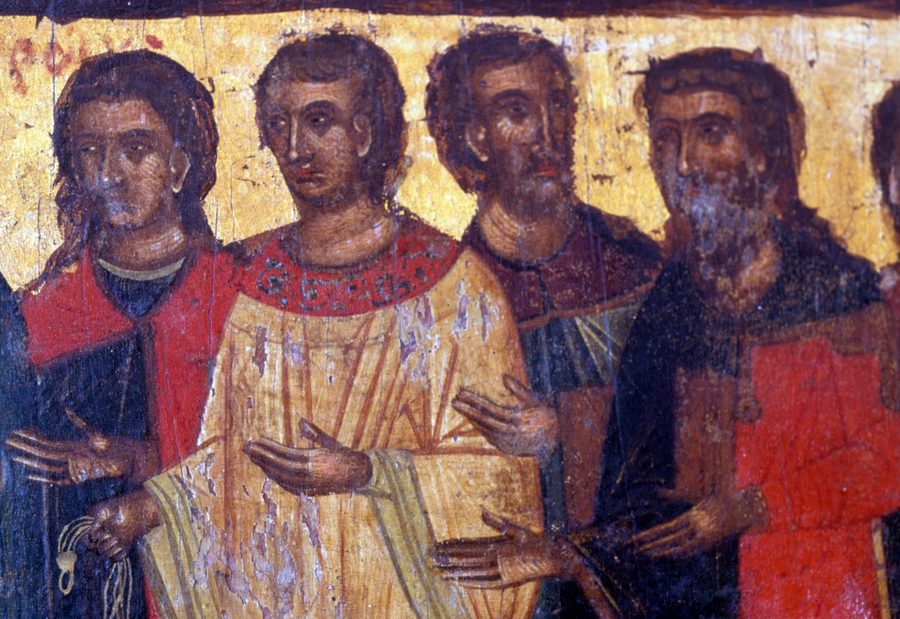 Male figures, wooden panel in Byzantine church of Palea Roumata, Crete, Greece by Theodore Charles Ange Coquelin