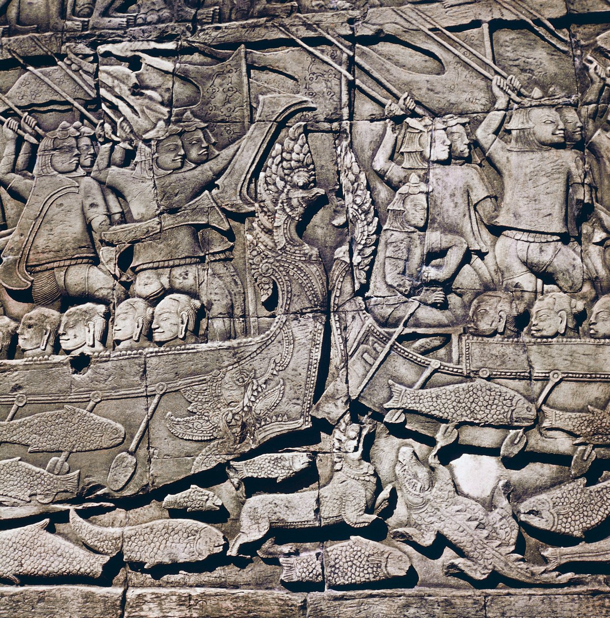 Naval battle between Cham and Khmer, detail of a bas-relief of Bayon Temple, Angkor Thom, Angkor archaeological site by Theodore Charles Ange Coquelin