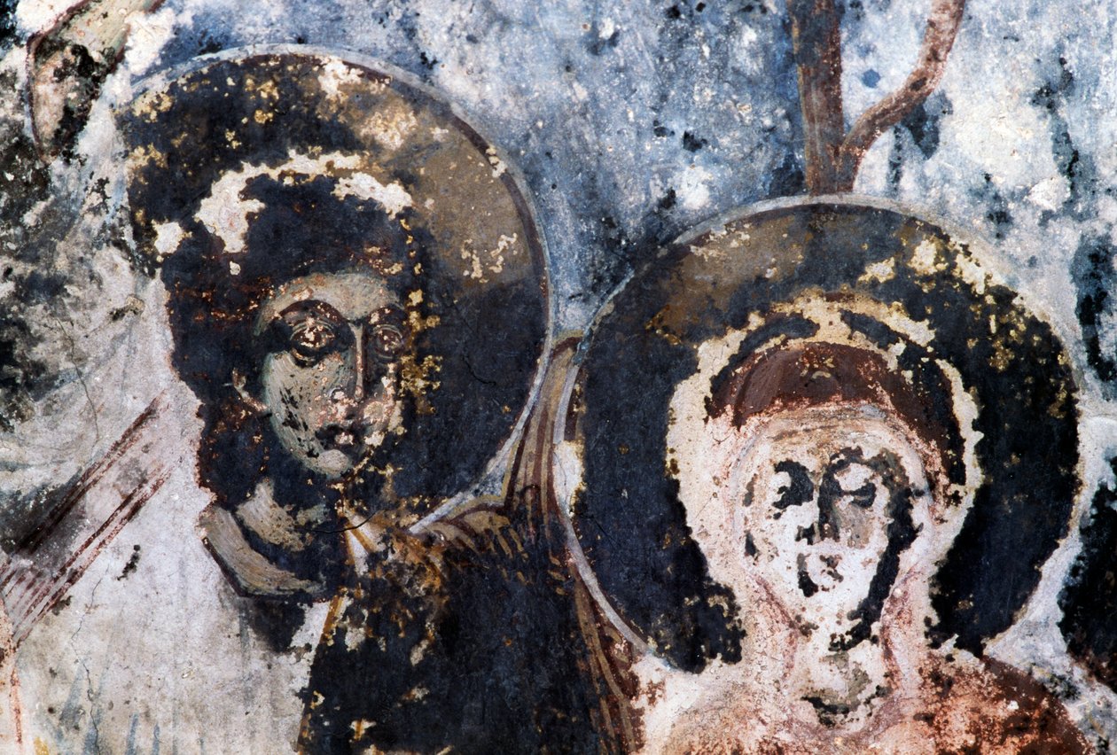 Saints, damaged fresco in church of Agios Vasileios, Vavouledo, Crete, Greece by Theodore Charles Ange Coquelin