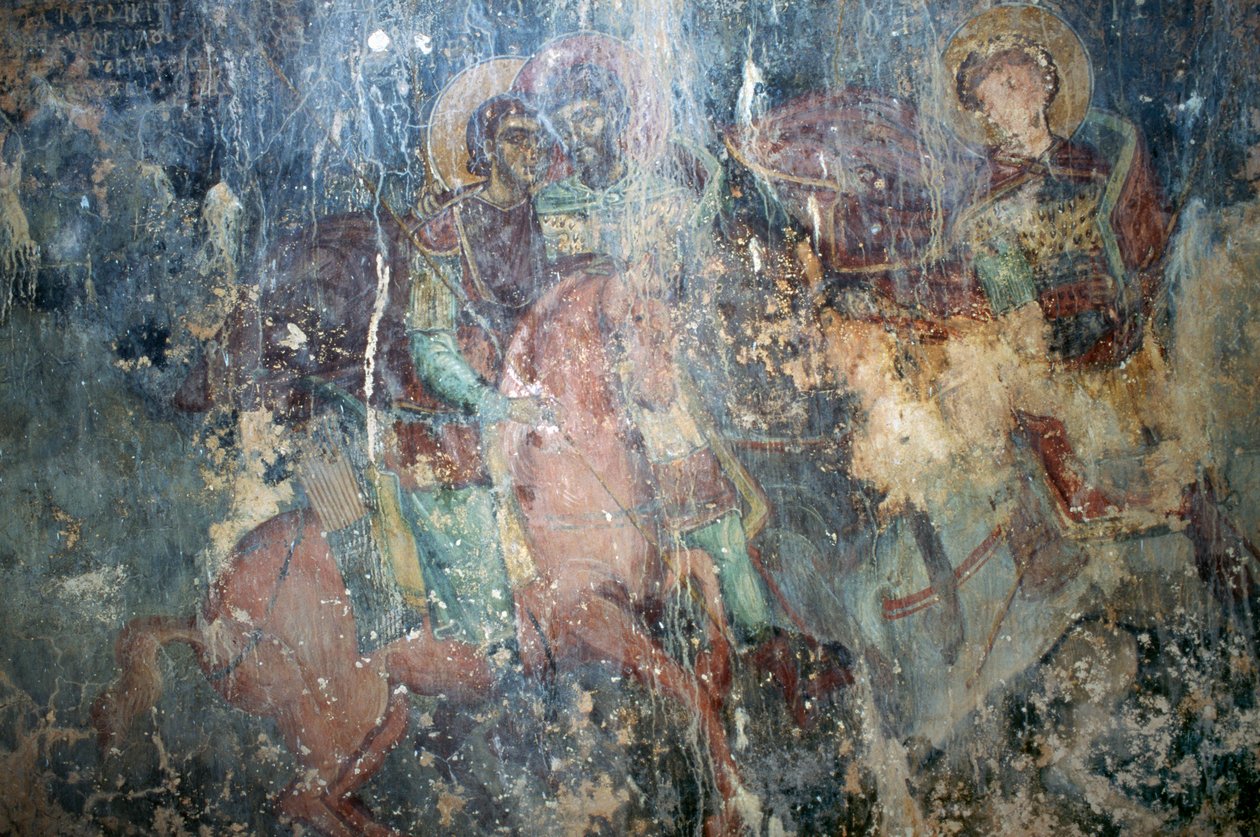Saints on horseback, fresco in Byzantine church of Agios Athanasios, Kefali, Crete, Greece by Theodore Charles Ange Coquelin
