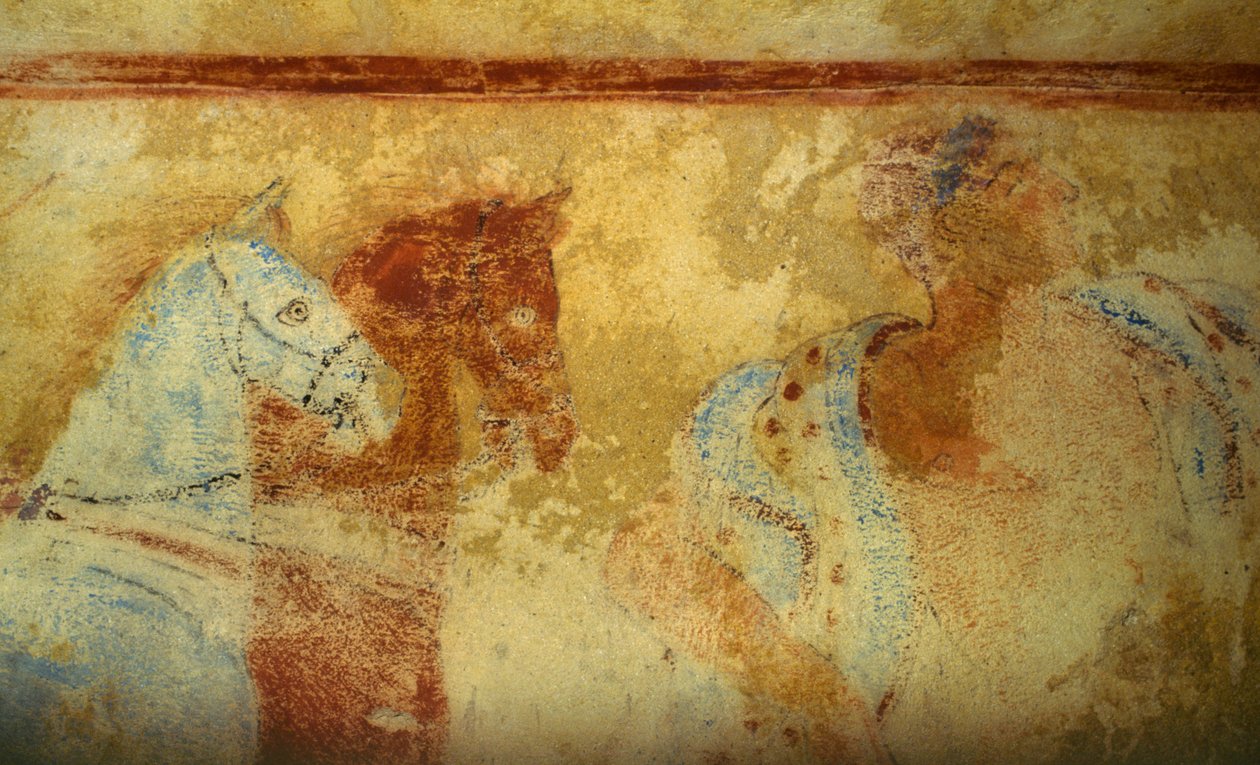 Funeral Procession with Horses and Male Figures, Fresco, Detail, Tomb of the Blue Demons, Necropolis of Tarquinia, Lazio, Italy, Etruscan Civilization, 5th Century BC by Unbekannt Unbekannt