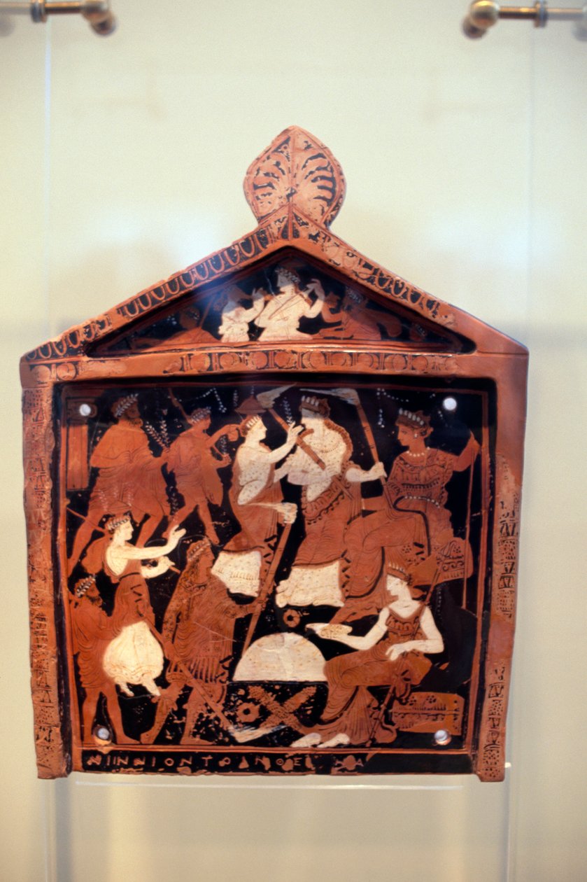Ninnion tablet, ex-voto depicting Iacchus leading procession in front of Demeter and Persephone, ca 370 BC, found in Sanctuary of Eleusis, Garcia, Greek civilization, late 4th century BC by Unbekannt Unbekannt