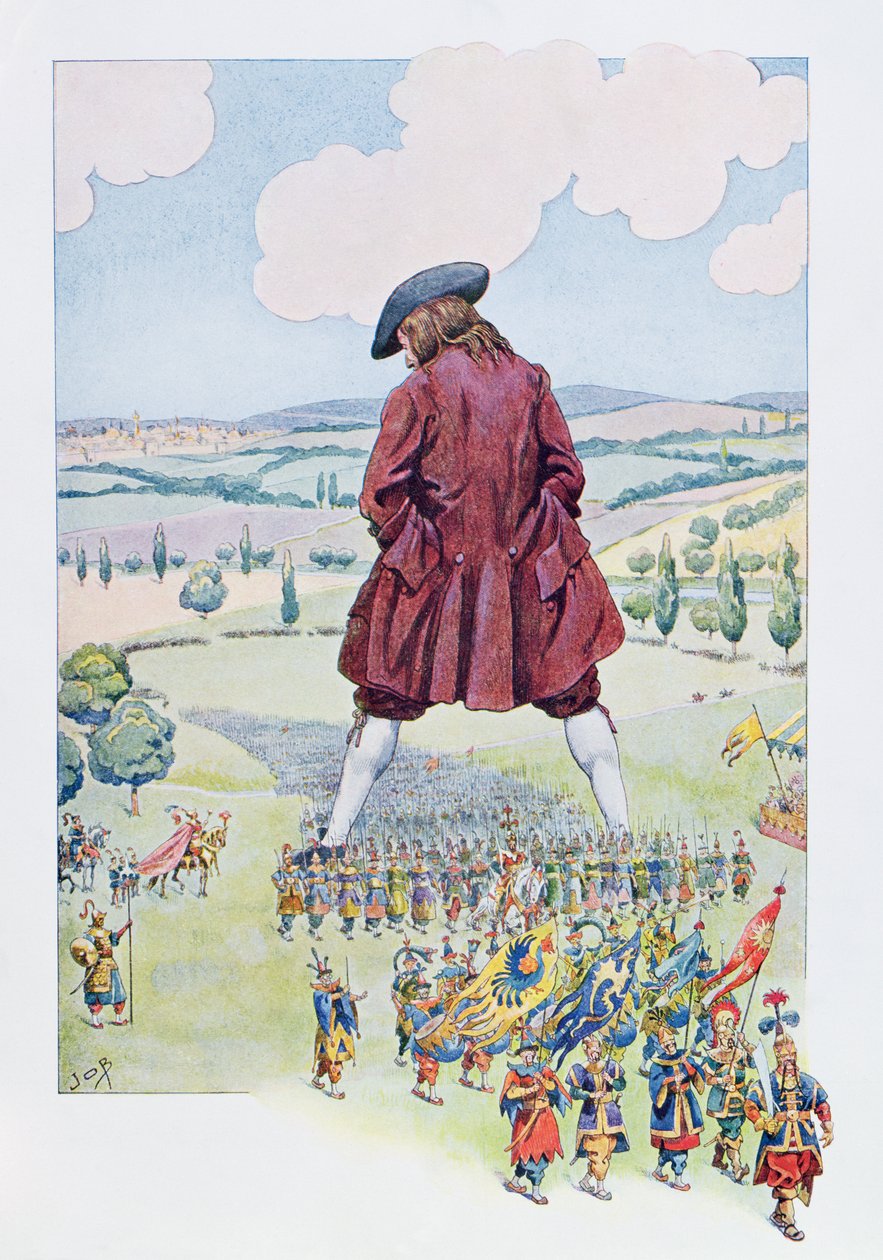 Gulliver Inspecting the Lilliputian Army, illustration from a French edition of 