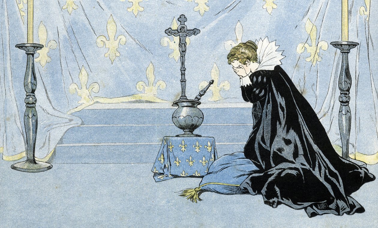 France, represented by a woman wearing a black cape, mourns the death of King Henry IV (1553-1610) by pseudonym for Onfray de Breville Jacques Job