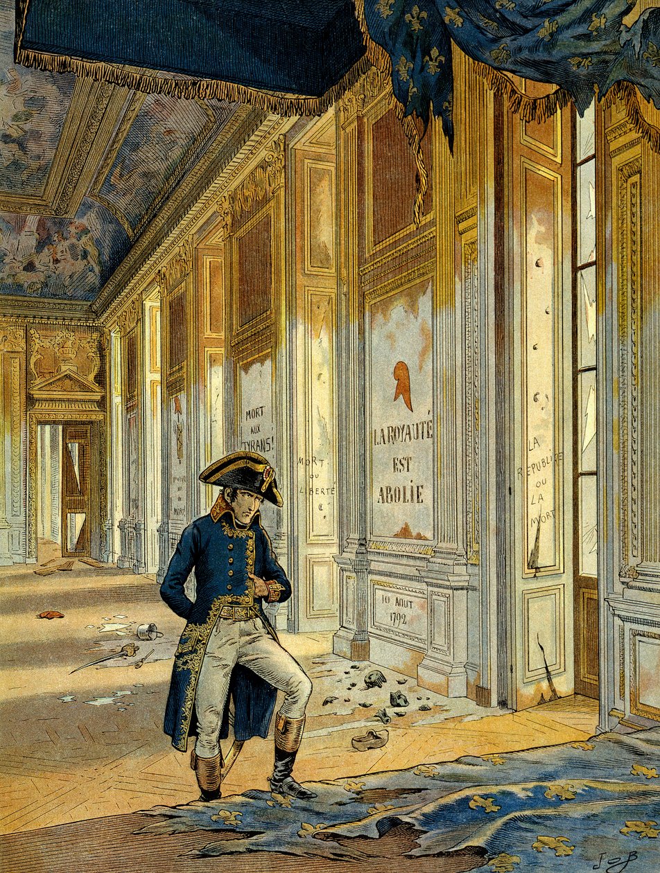 French Revolution of 1789: Napoleon I Bonaparte in the Throne Hall at the Tuileries Palace after the passage of the revolutionaries. The wall reads: 