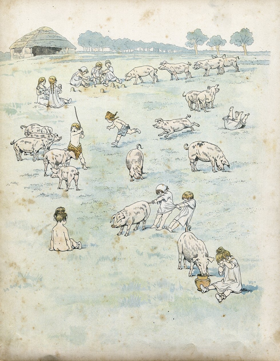 Gallic children playing with pigs in a field. in 