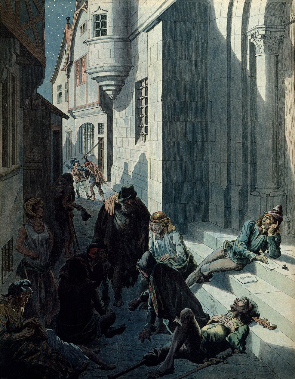 History of France in the Middle Ages: Francois de Montcorbier known as Francois Villon, poet, composing his works in the misery of the streets of Paris. Illustration by Jacques Marie Gaston Onfray de Breville dit JOB by pseudonym for Onfray de Breville Jacques Job