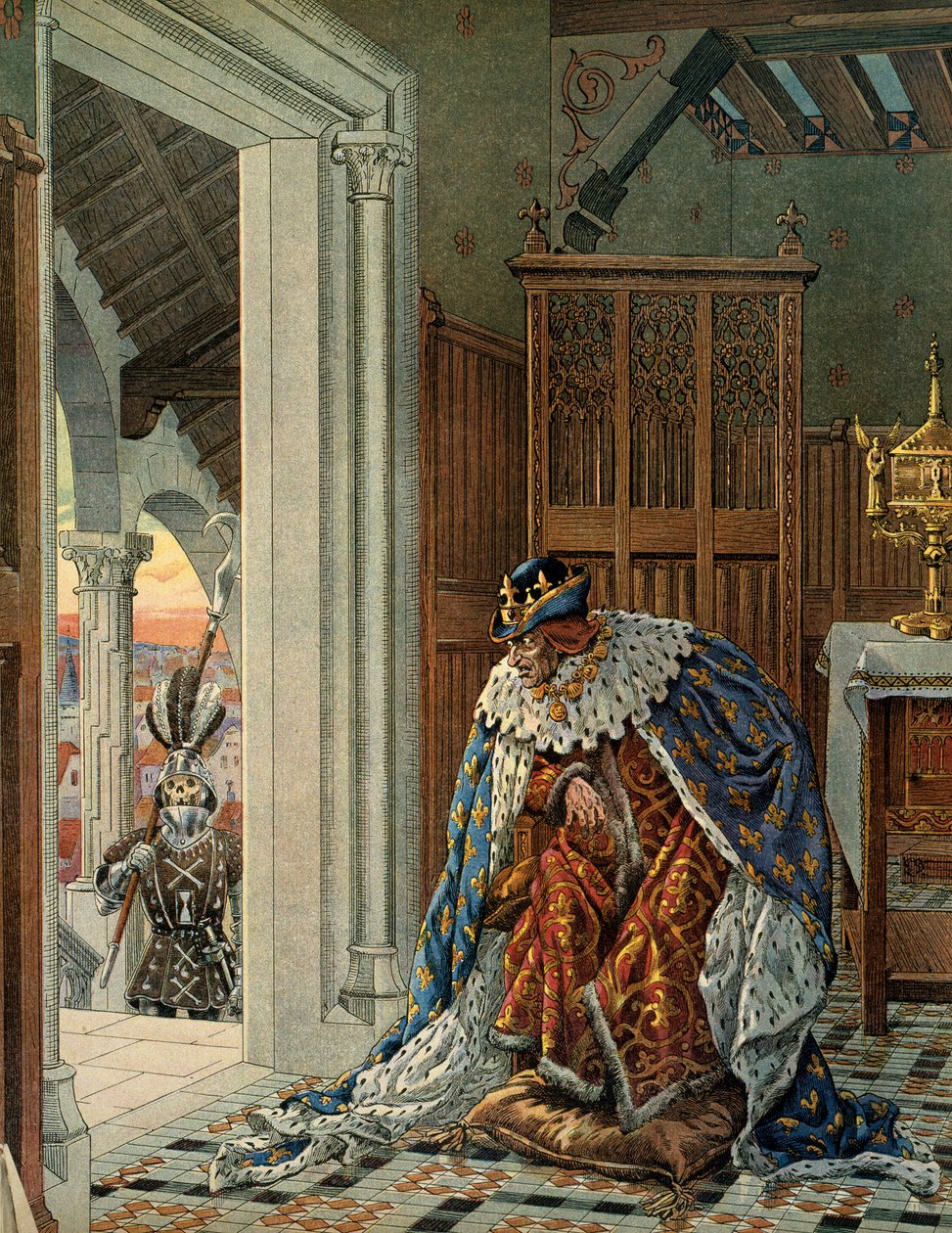 The King of France Louis XI says the Prudent is afraid of death coming in armor on the doorstep by pseudonym for Onfray de Breville Jacques Job