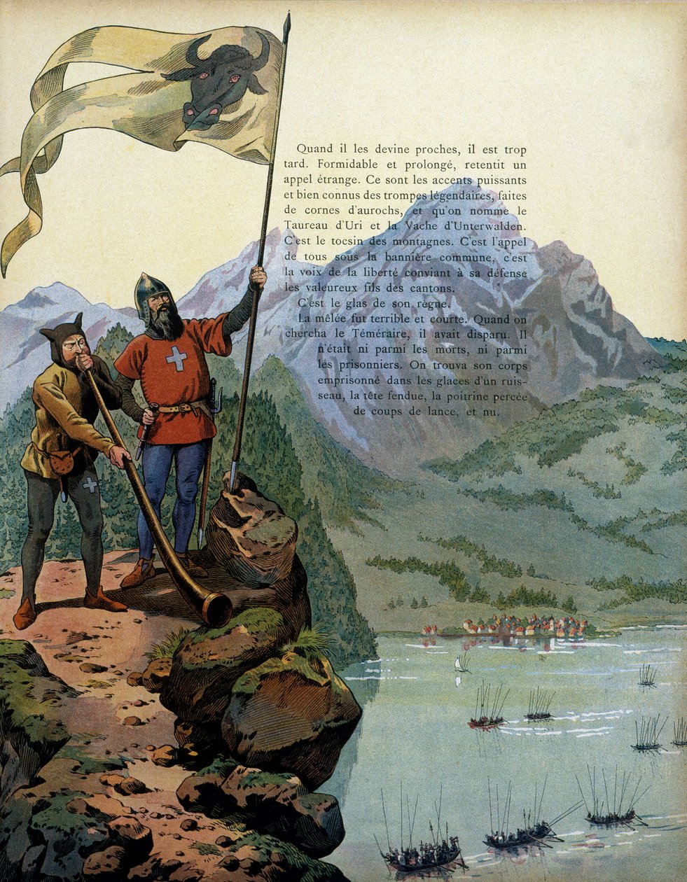 History of France in the Middle Ages: the troops of Charles the Temeraire, Duke of Burgundy, enter the country of Vaud in Switzerland. Illustration by Jacques Marie Gaston Onfray de Breville dit JOB by pseudonym for Onfray de Breville Jacques Job
