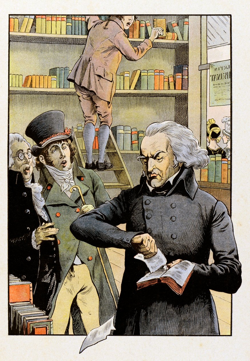 In a bookstore, Theophile Malo Corret de La Tour d