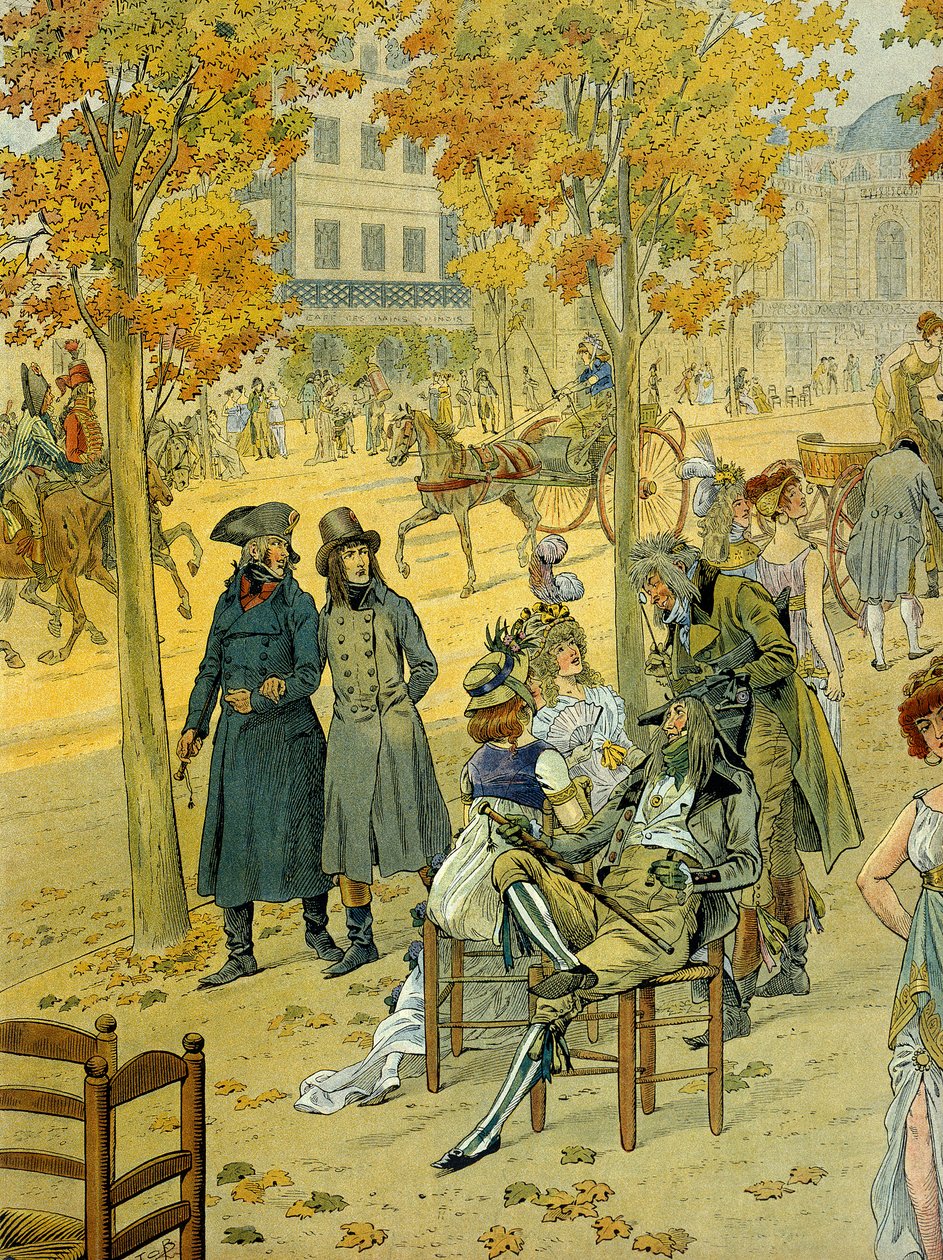 Jean Andoche Junot and Napoleon I Bonaparte walk along Boulevard de Coblenz in Paris in front of the Incredible. Illustration by Jacques Marie Gaston Onfray de Breville dit JOB by pseudonym for Onfray de Breville Jacques Job
