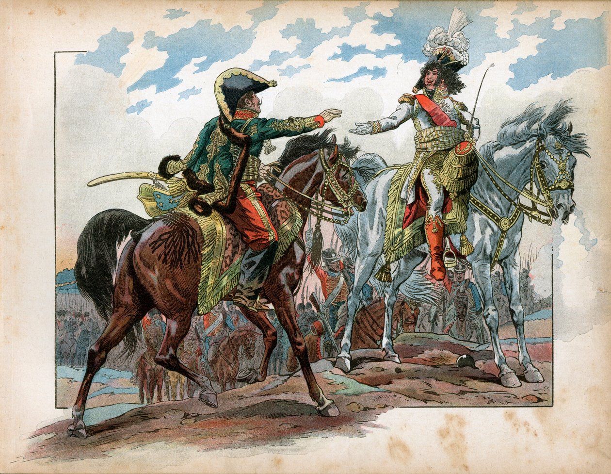 Joachim Murat (1767-1815) and General Antoine Charles Louis de La Salle (Lasalle) (1775-1809) during the Battle of Heilsberg in 1807. Engraving by Jacques Marie Gaston Onfray de Breville dit Job by pseudonym for Onfray de Breville Jacques Job