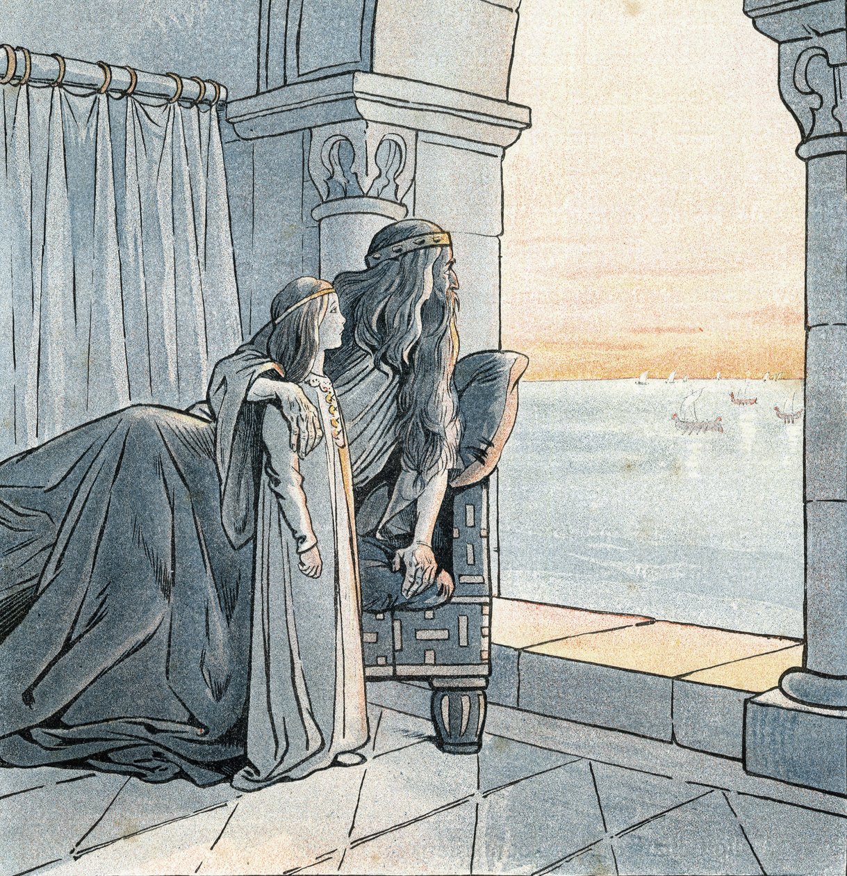 King Charlemagne observes the arrival of Viking drakkars on the Seine in the 9th century. in 