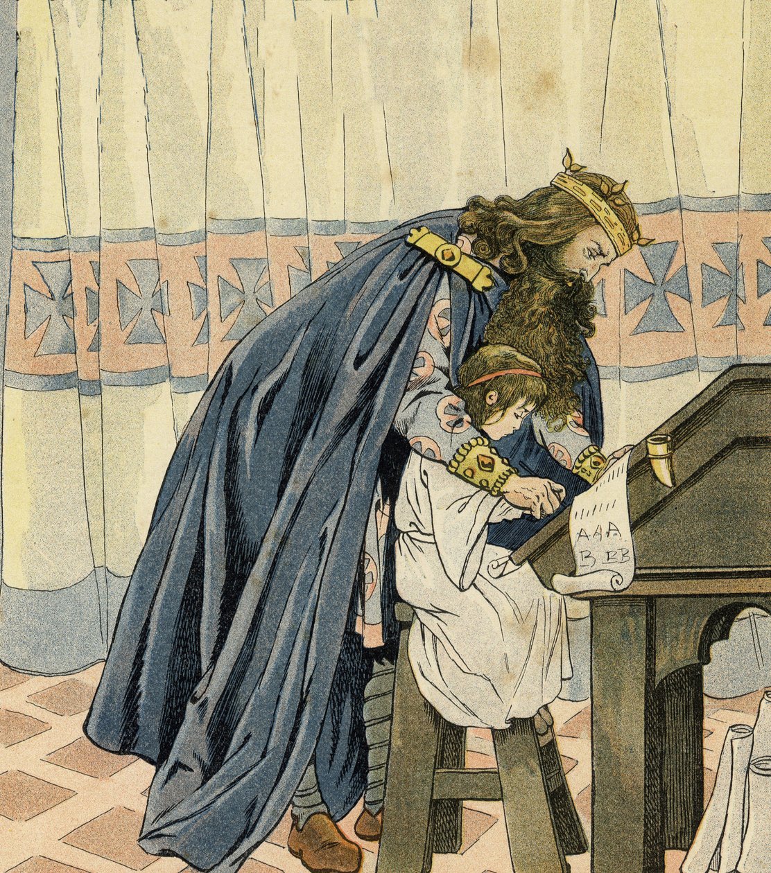 King Charlemagne educates a young child and invents the school. in 