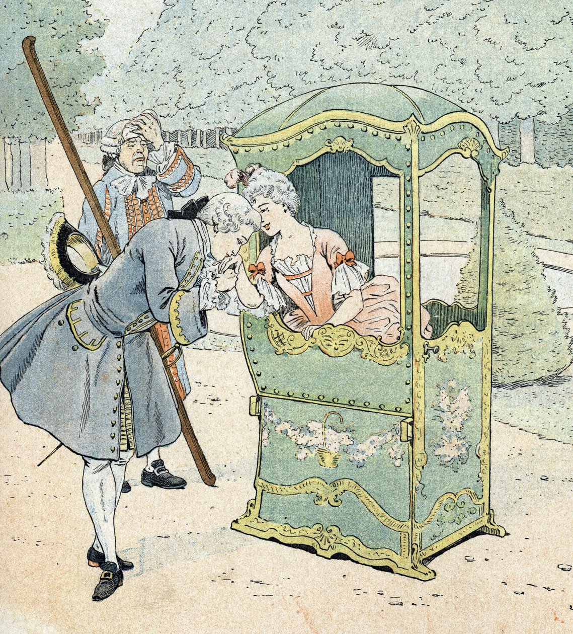Lady of the nobility in the 18th century, in a chair with porters receiving the kiss hand by pseudonym for Onfray de Breville Jacques Job