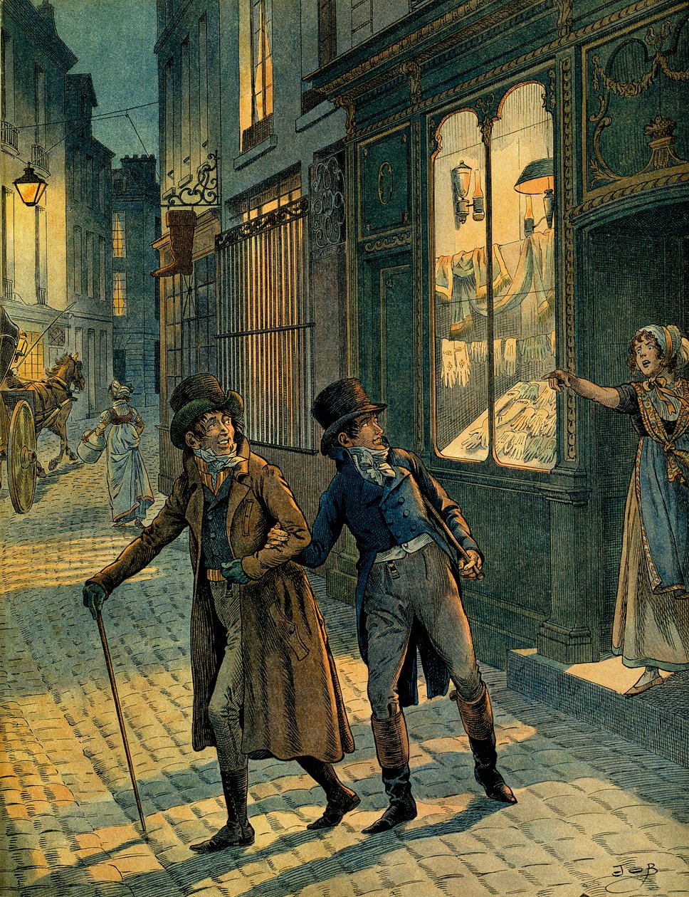 Louis Antoine Fauvelet de Bourrienne (1769-1834) and Napoleon I Bonaparte (1769-1821) in the streets of Paris incognito by pseudonym for Onfray de Breville Jacques Job