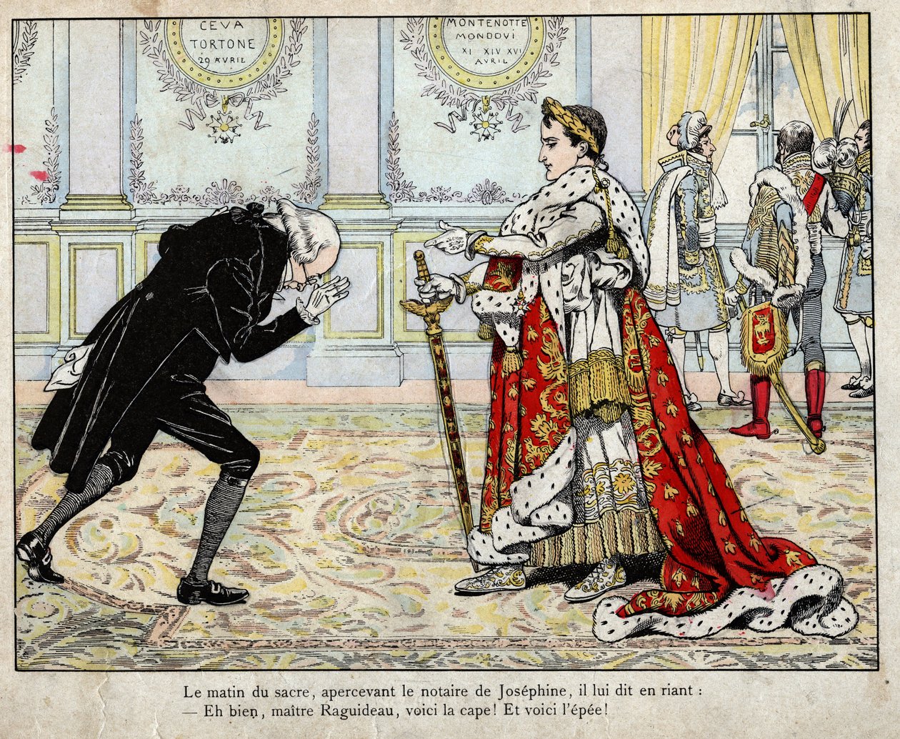 Napoleon and notary Raguideau, morning of coronation 1804 (lithograph by Job from Le Grand Napoleon des Petites Enfants) by pseudonym for Onfray de Breville Jacques Job