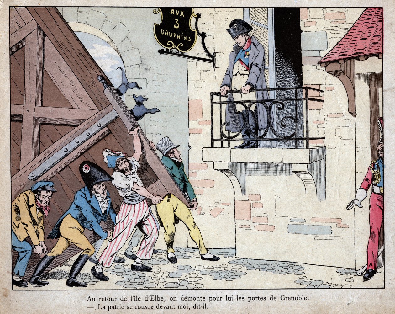 Napoleon rallying his soldiers to Grenoble on his return from Elba Island - The city of Grenoble opens its gates to Napoleon on his return from exile on Elba, 7 March 1815 (lithograph by Job from Le Grand Napoleon des Petites Enfants) by pseudonym for Onfray de Breville Jacques Job