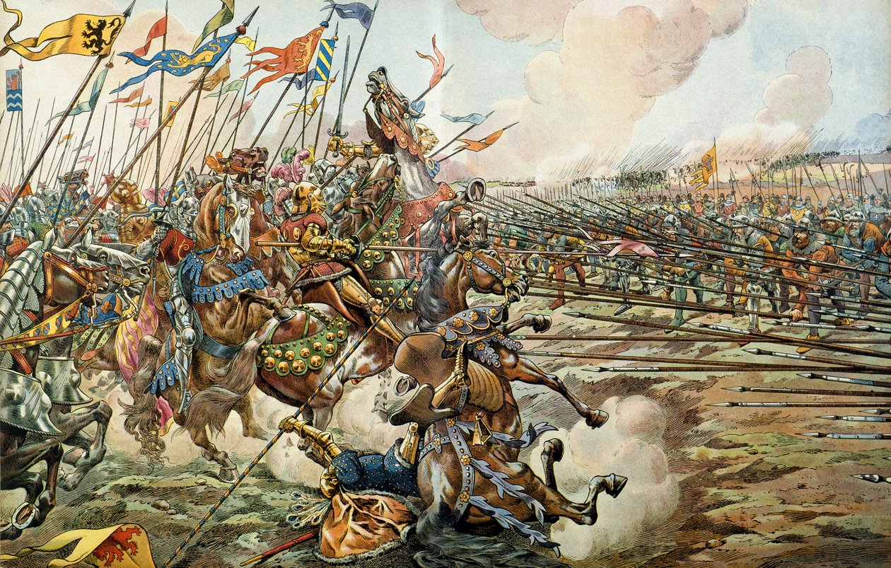 The Battle of Grandson between the Burgundians and the Swiss at Grandson, Switzerland on March 2, 1476. Illustration by Jacques Marie Gaston Onfray de Breville dit JOB by pseudonym for Onfray de Breville Job