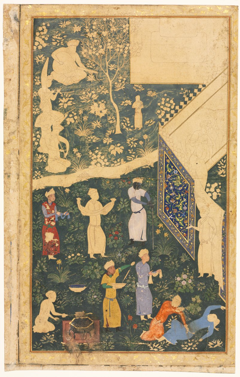 Outside a Royal Encampment (recto) by style of Bihzad