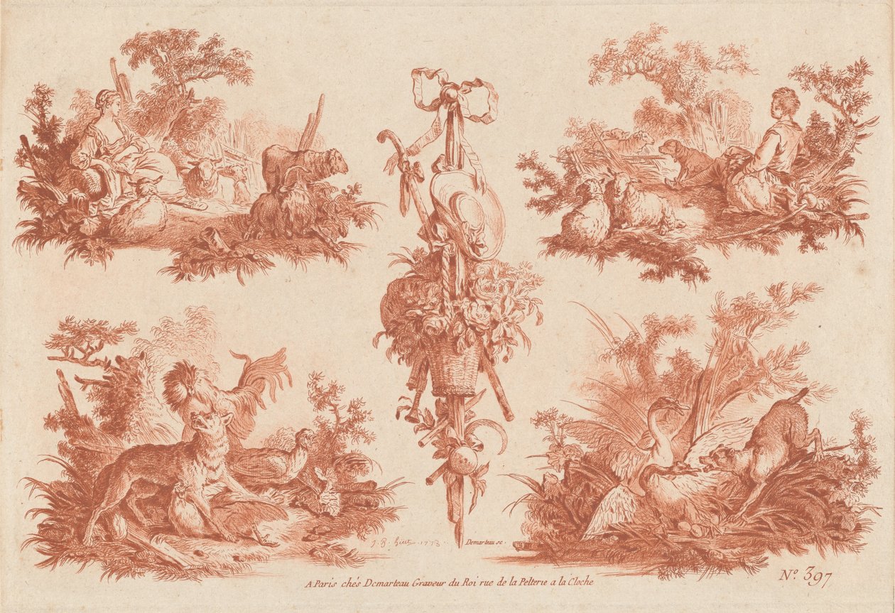 Two Pastoral Vignettes, Two Hunting Vignettes, and a Trophy by the Elder and Jean Baptiste Hüet Gilles Demarteau