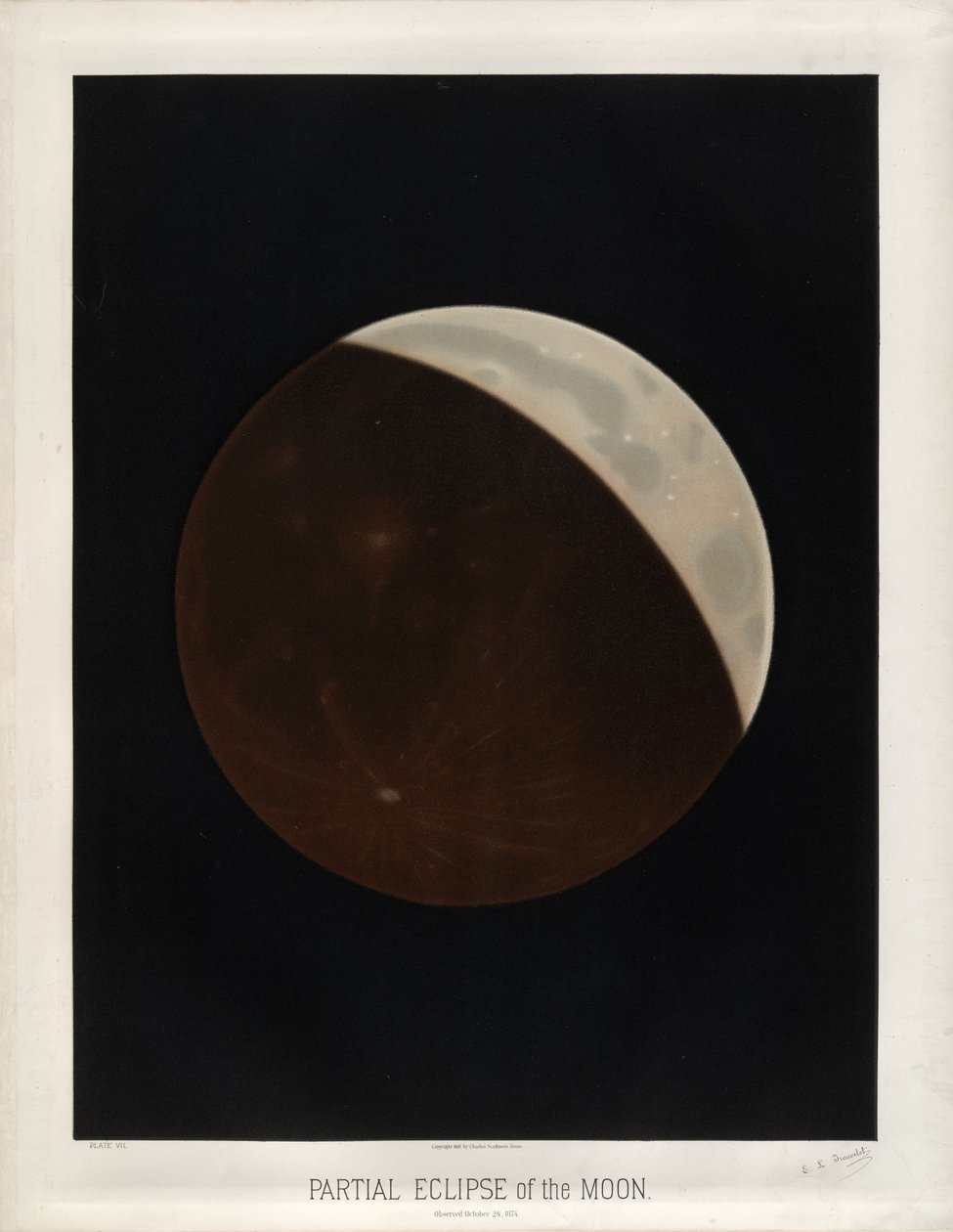 Partial Eclipse of the Moon. Observed October 24, 1874. (Plate VII of The Trouvelot Astronomical Drawings 1881) by Étienne Léopold Trouvelot