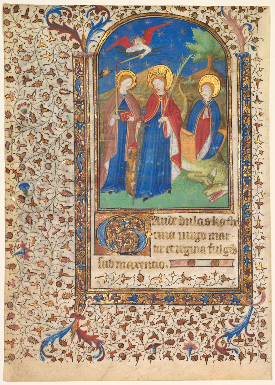 Leaf from a Book of Hours: Sts. Geneviève, Catherine of Alexandria, and Margaret (recto) by workshop of Boucicaut Master