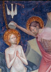 Saint John the Baptist baptizes Christ (detail) by Lorenzo da  Sanseverino