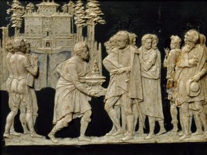 Presentation to Francesco I of model fountain in Pratolino, by Jean de Boulogne aka Giambologna, wax tile by Giambologna
