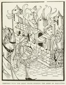 Geoffrey with the great tooth burning the Abbey of Maillieres (engraving) by (after) English School