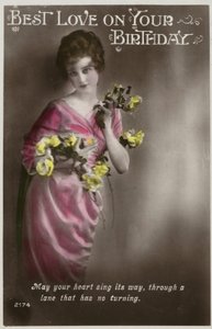 Girl dressed in kimono-like dress with flowers by (after) English photographer