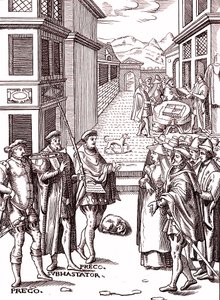 The town crier blowing his trumpet by (after) Flemish School