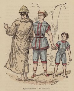 Family at the seaside in autumn by (after) French School