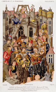 Scene of the history of Fort Roy de Clovis. Mystery of the 15th century representing the foundation of the Church of St. Peter and St. Paul, today Saint Genevieve. Painted canvas of the city of Reims.