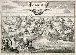 Galleons and Galeasses battling: capture of the Captain of the Island of Chios, illustration from 