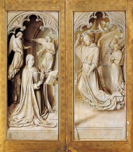 Annunciation in grisaille, exterior wings of triptych altarpiece by (fl.c.1483 c.1529) Master of Moulins