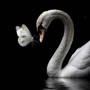 A Beautiful Swan and a White Butterfly Kissing on a Black Background