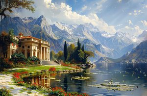 Cityscape Painting: Ancient Greece Style Villa & Lake by F. Abderrahim