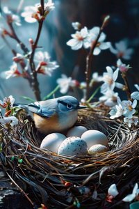 Bird incubating eggs surrounded by white flowers