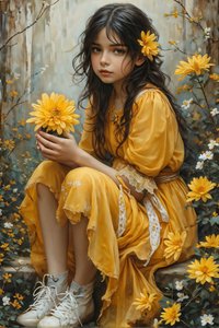 Beautiful Girl Holding Flowers in a Landscape by F. Abderrahim