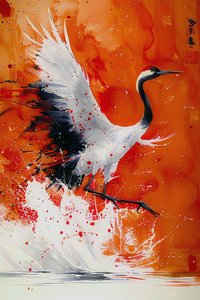 Stork Painted in Warm Colors in Asian Artistic Style by F. Abderrahim