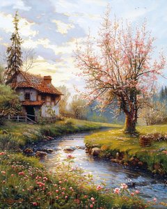 Old House & Landscape with Flowing River by F. Abderrahim