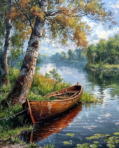 A Felucca in a Calm Tree-lined Lake by F. Abderrahim