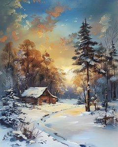 Hut in the Middle of a Forest and Snow, Winter Landscape by F. Abderrahim