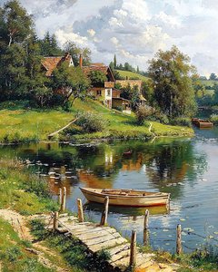 A Wooden Boat Moored Next to a River and a Traditional Village by F. Abderrahim