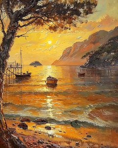 Beach and Boats, Sunset in the Evening